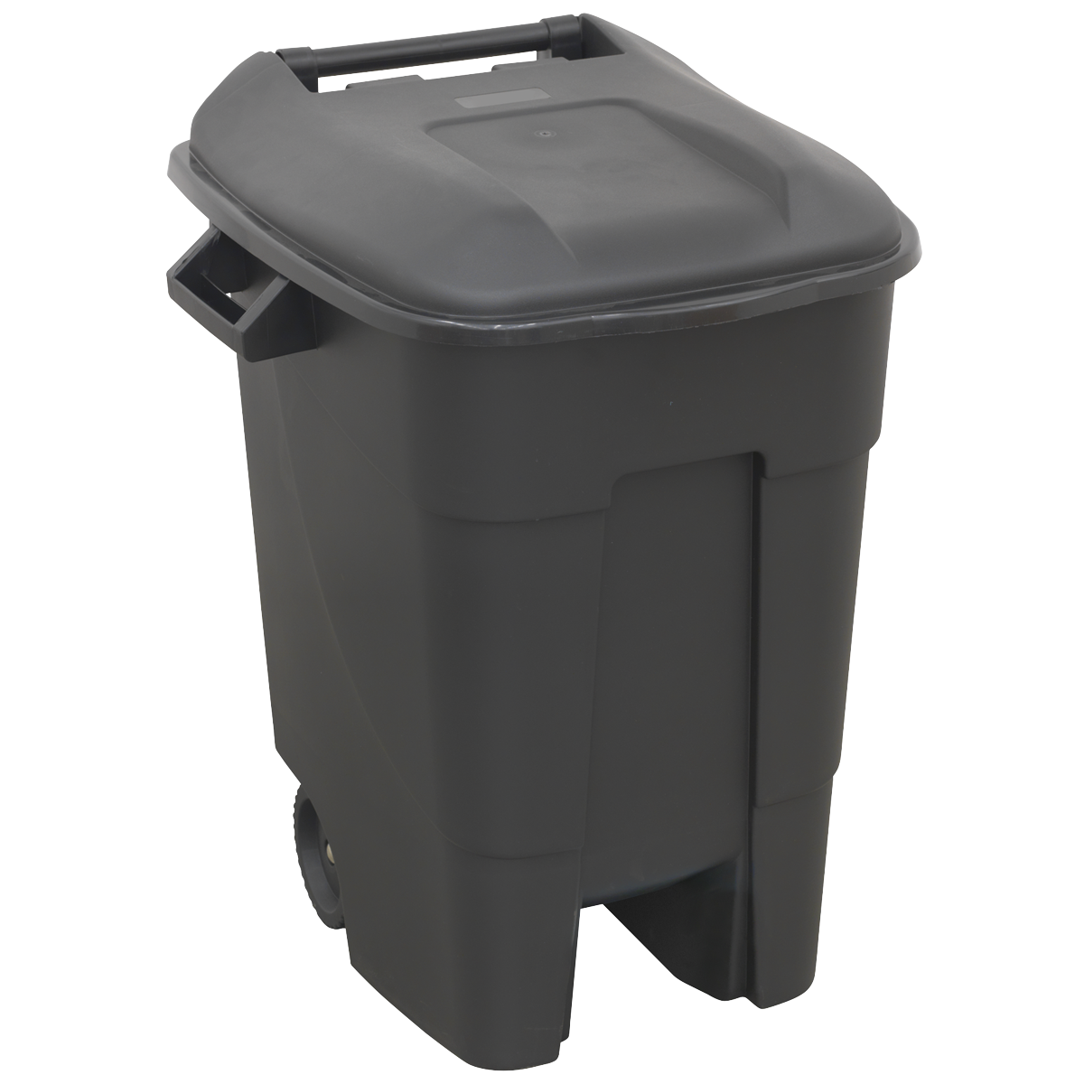 Introducing the Sealey Refuse/Wheelie Bin 100L - Black - BM100, a durable trash bin featuring wheels, a hinged lid, and a convenient handle on top.