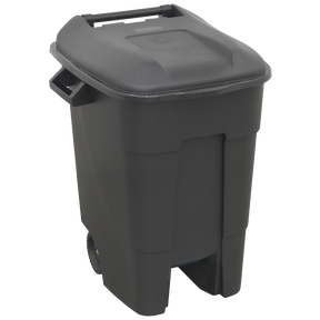 Introducing the Sealey Refuse/Wheelie Bin 100L - Black - BM100, a durable trash bin featuring wheels, a hinged lid, and a convenient handle on top.