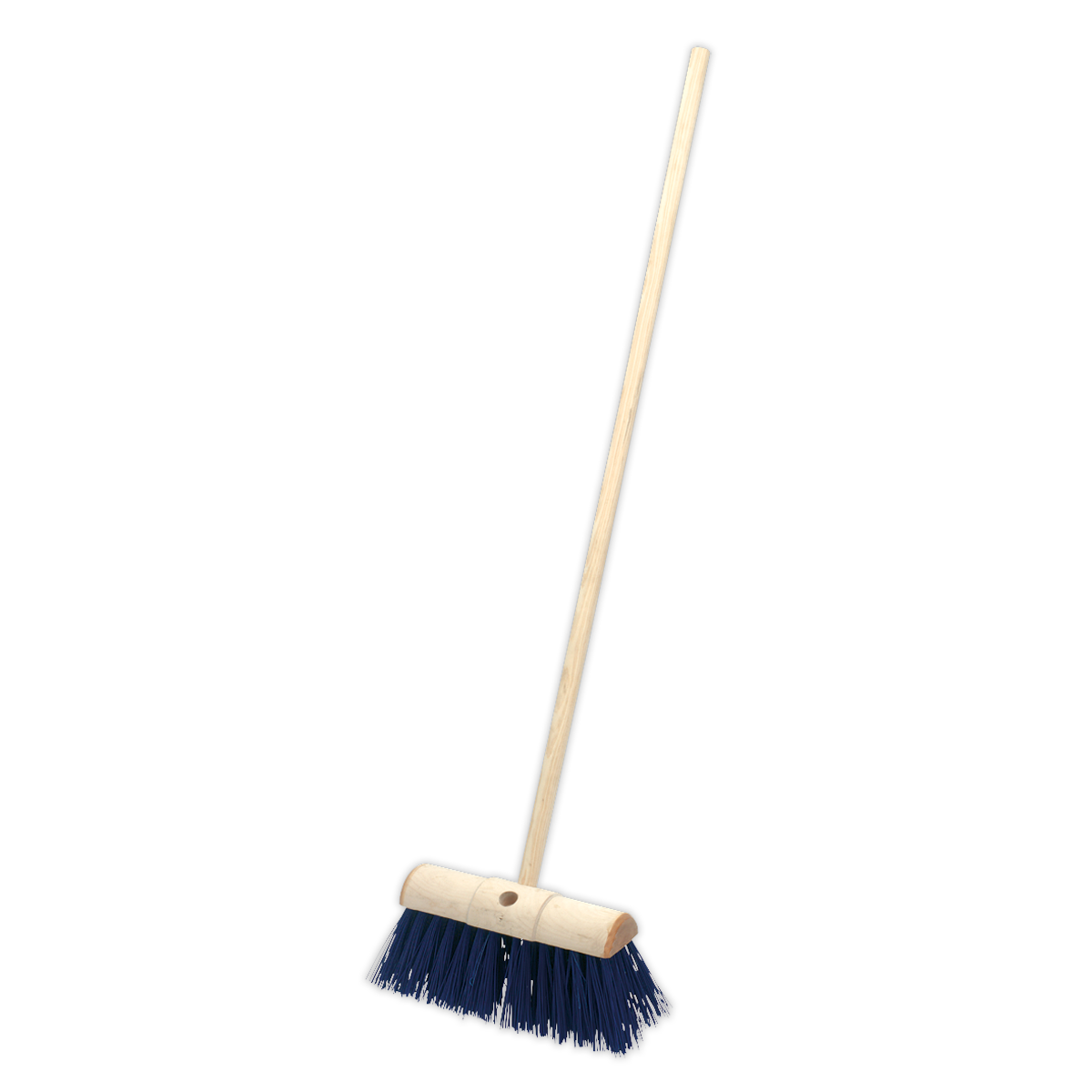 Introducing the Yard Broom 13"(325mm) Stiff/Hard Bristle - BM13H by Sealey, featuring a wooden handle and dark bristles. Perfect for both indoor and outdoor use, it is showcased against a white background.