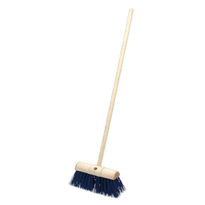 Introducing the Yard Broom 13"(325mm) Stiff/Hard Bristle - BM13H by Sealey, featuring a wooden handle and dark bristles. Perfect for both indoor and outdoor use, it is showcased against a white background.