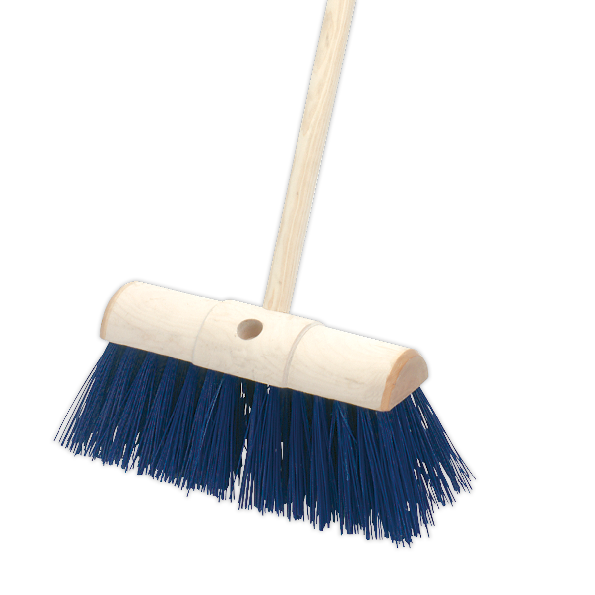 The Sealey Yard Broom 13"(325mm) Stiff/Hard Bristle - BM13H features a durable wooden handle and blue bristles, making it ideal for both indoor and outdoor use.