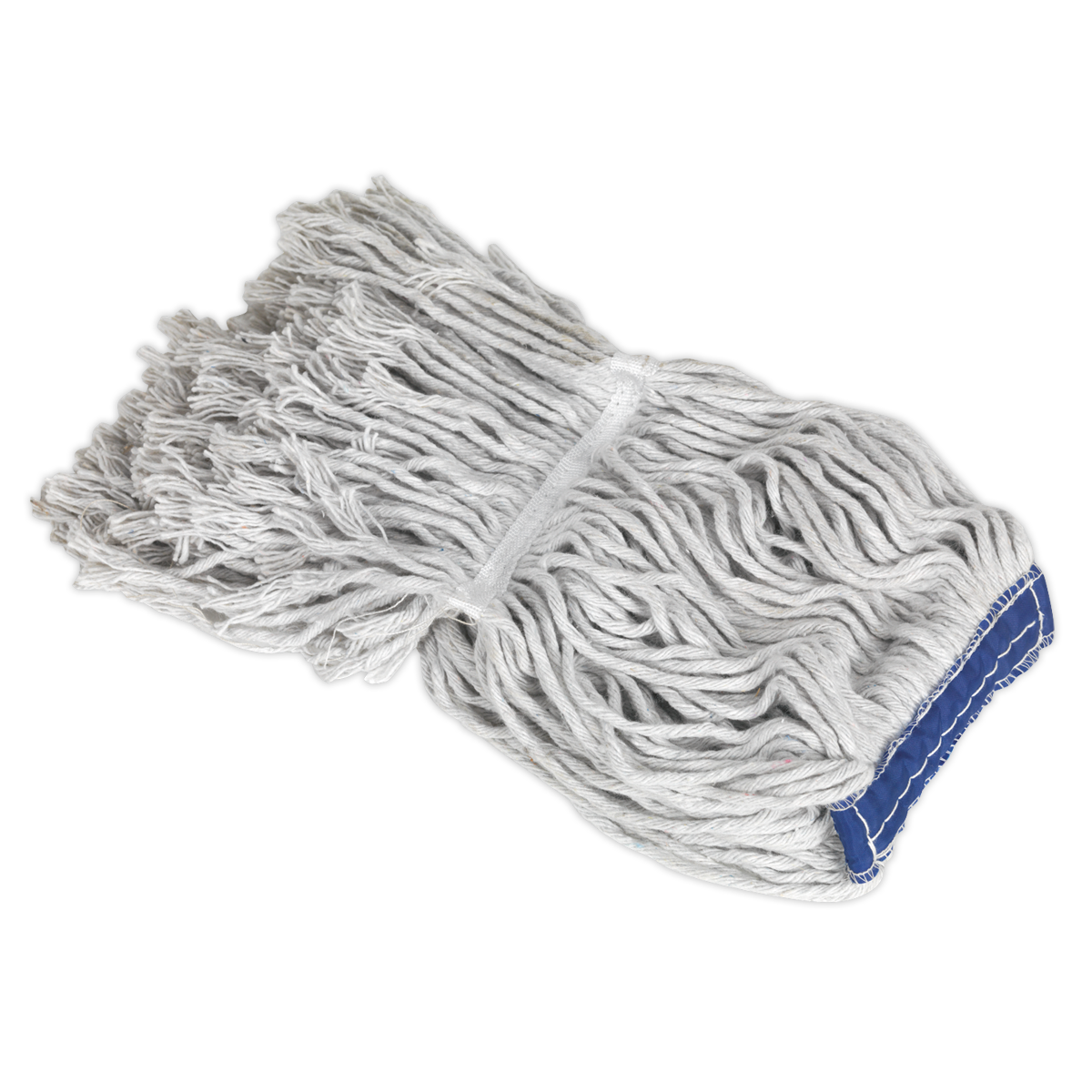 The Sealey Mop Head 350g for BM17 – BM17R, a white string mop head with a blue band around the bottom, is designed for efficient cleaning.