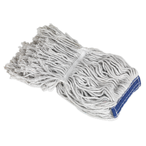 The Sealey Mop Head 350g for BM17 – BM17R, a white string mop head with a blue band around the bottom, is designed for efficient cleaning.