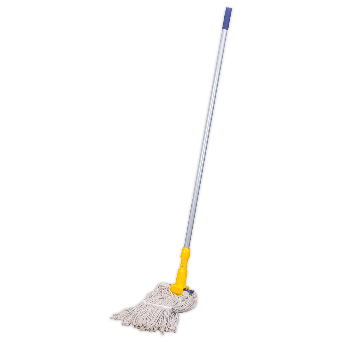 Image of the Sealey Cotton Mop 350g - BM17, featuring a yellow handle and a lightweight absorbent cotton head, commonly used for cleaning wooden flooring.