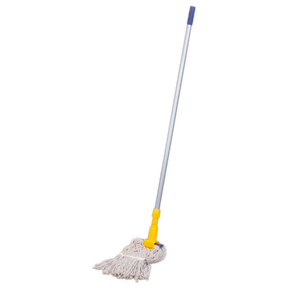 Image of the Sealey Cotton Mop 350g - BM17, featuring a yellow handle and a lightweight absorbent cotton head, commonly used for cleaning wooden flooring.
