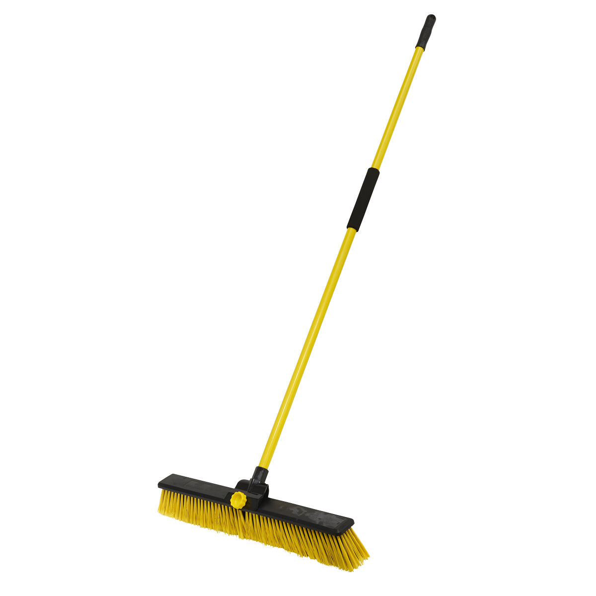 The Sealey Bulldozer Yard Broom 24"(600mm) - BM24HX features a yellow long-handled push design with black bristles and a high-quality steel handle, making it perfect for both indoor and outdoor use.