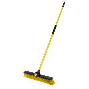 The Sealey Bulldozer Yard Broom 24"(600mm) - BM24HX features a yellow long-handled push design with black bristles and a high-quality steel handle, making it perfect for both indoor and outdoor use.