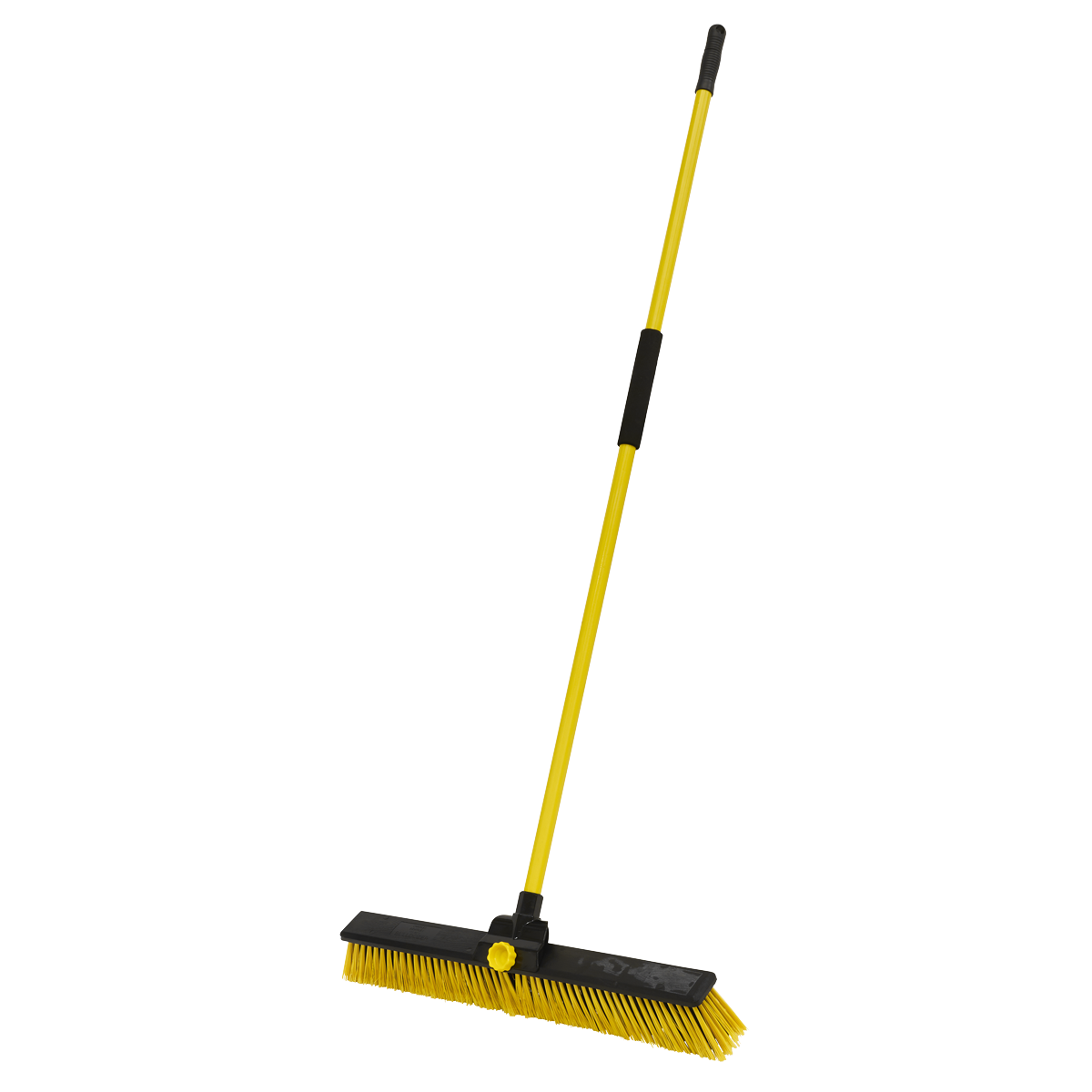 The Sealey Bulldozer Yard Broom 24"(600mm) - BM24HX features a high-quality steel handle and dual-purpose fibres, tailored for both indoor and outdoor use, with a striking yellow and black design.