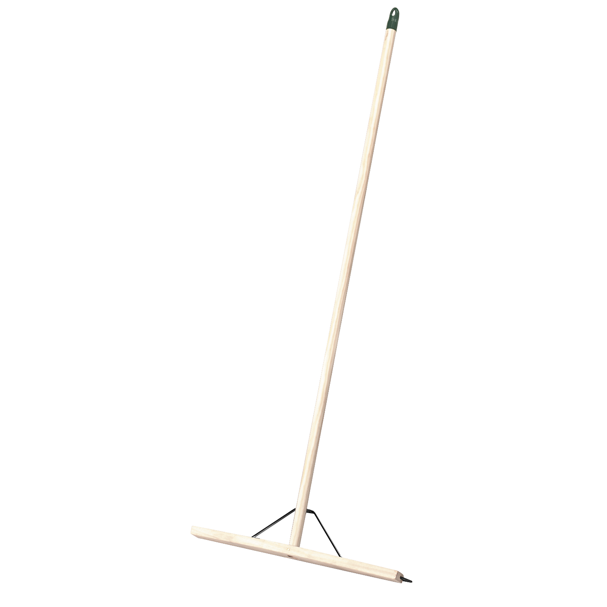 The Rubber Floor Squeegee 24"(600mm) with Wooden Handle - BM24RS by Sealey features a robust wooden handle and a rubber blade angled towards the ground, designed for efficiently sweeping large floor areas. For added durability, it includes metal strengthening support, making it perfect for handling not just dust but also liquid spills.