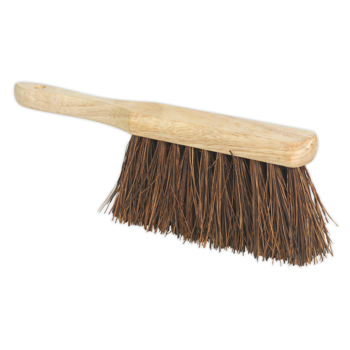 The Sealey Hand Brush 11" (280mm) Hard Bristle - BM25H features an ergonomic wooden handle and stiff bristles, ideal for sweeping.