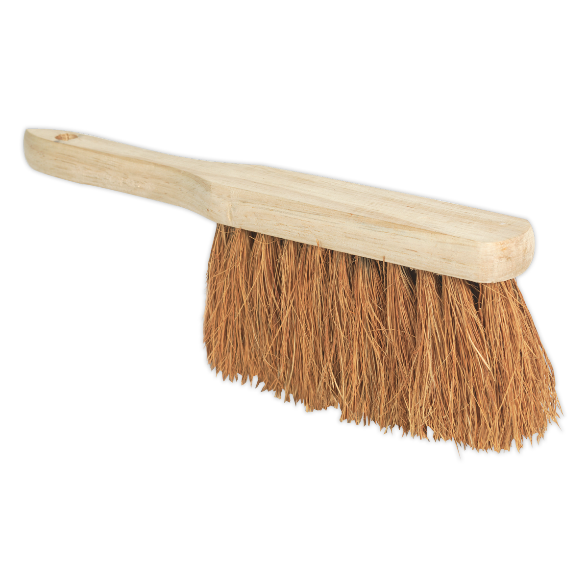 A handheld brush with an ergonomic wooden handle, a hardwood finish, and stiff brown bristles, known as the Sealey Hand Brush 11"(280mm) Soft Bristle - BM25S.