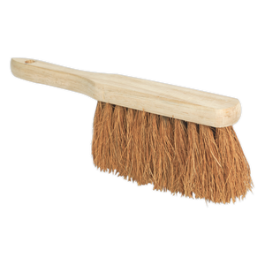 A handheld brush with an ergonomic wooden handle, a hardwood finish, and stiff brown bristles, known as the Sealey Hand Brush 11"(280mm) Soft Bristle - BM25S.