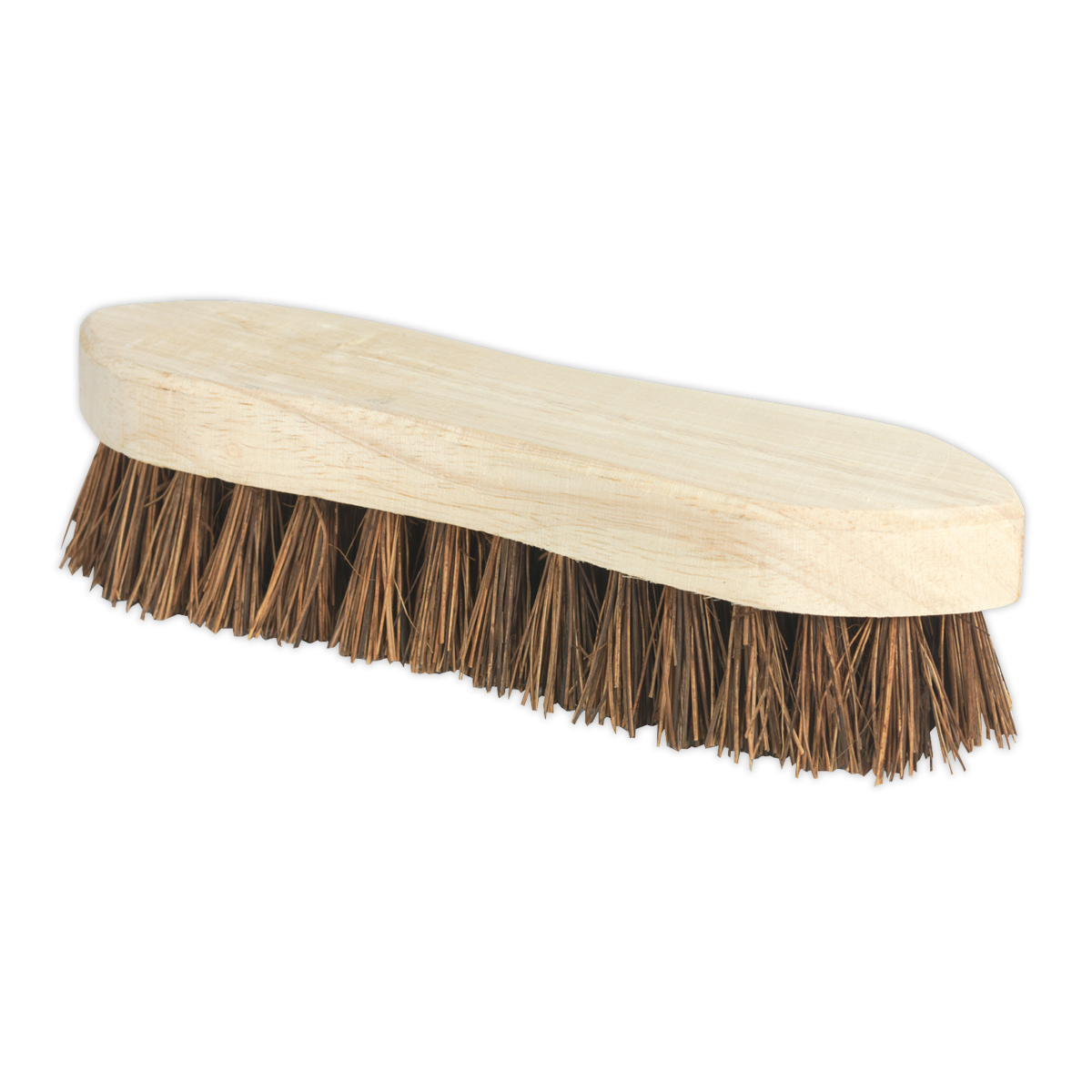 The Scrubbing Brush 8" (200mm) - BM27 from Sealey is a heavy-duty wooden brush featuring rows of stiff, brown bassine fibres, making it ideal for both indoor and outdoor use.