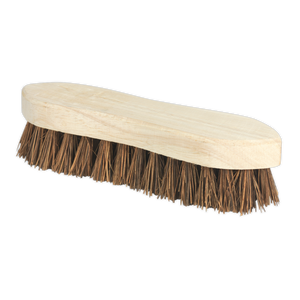 The Scrubbing Brush 8" (200mm) - BM27 from Sealey is a heavy-duty wooden brush featuring rows of stiff, brown bassine fibres, making it ideal for both indoor and outdoor use.