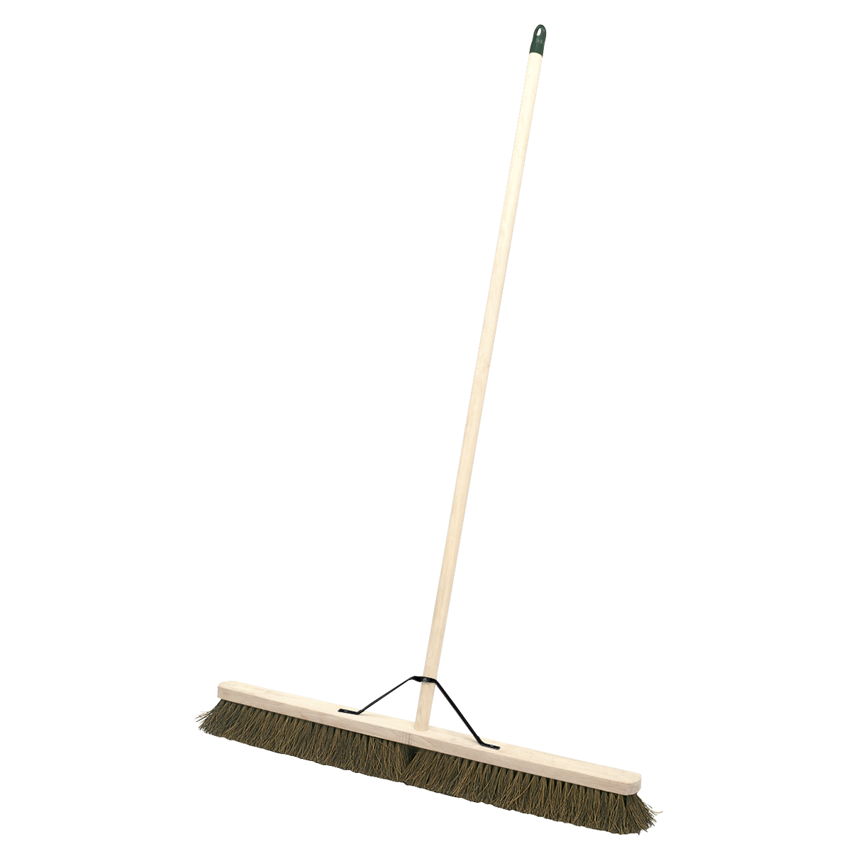 The Sealey Broom 36" (900mm) Stiff/Hard Bristle - BM36H is a large broom with a long wooden handle and stiff bristles. The handle, which includes metal strengthening support, is securely attached to the broom head with a metal bracket, making it suitable for both indoor and outdoor use.