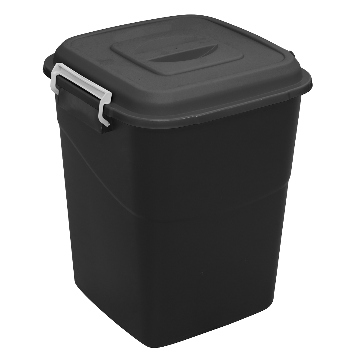 The Sealey Refuse/Storage Bin 50L - Black - BM50 features a fitted lid and a white side handle, making it ideal for outdoor storage.