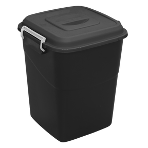 The Sealey Refuse/Storage Bin 50L - Black - BM50 features a fitted lid and a white side handle, making it ideal for outdoor storage.