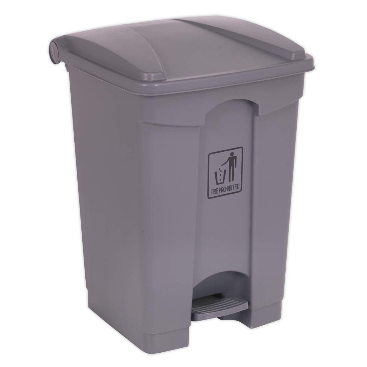 The Sealey Pedal Bin 45L Plastic - BM60, shown in grey and made from heavy-duty polypropylene, features a pedal-operated lid for hands-free operation. A symbol on the bin indicates that fire is prohibited. Maximum capacity 45L.