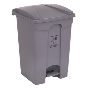 The Sealey Pedal Bin 45L Plastic - BM60, shown in grey and made from heavy-duty polypropylene, features a pedal-operated lid for hands-free operation. A symbol on the bin indicates that fire is prohibited. Maximum capacity 45L.