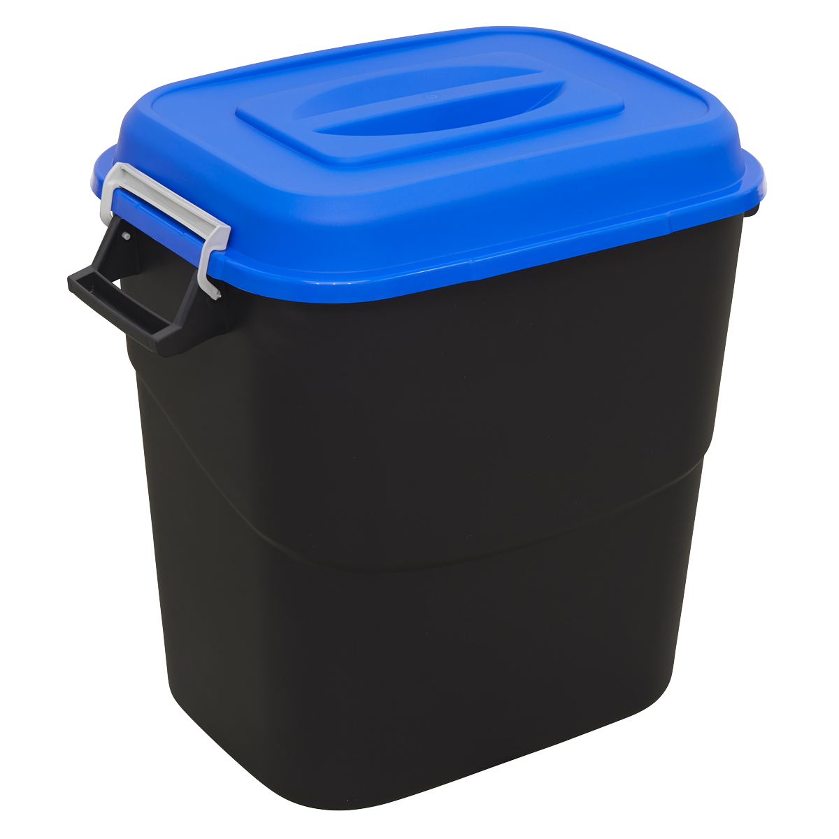 The Sealey Refuse/Storage Bin 75L - Blue - BM75B is a black plastic bin with a blue lid and a front handle. This durable refuse bin offers a 75-litre capacity, making it an ideal outdoor storage solution.