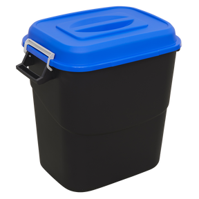 The Sealey Refuse/Storage Bin 75L - Blue - BM75B is a black plastic bin with a blue lid and a front handle. This durable refuse bin offers a 75-litre capacity, making it an ideal outdoor storage solution.
