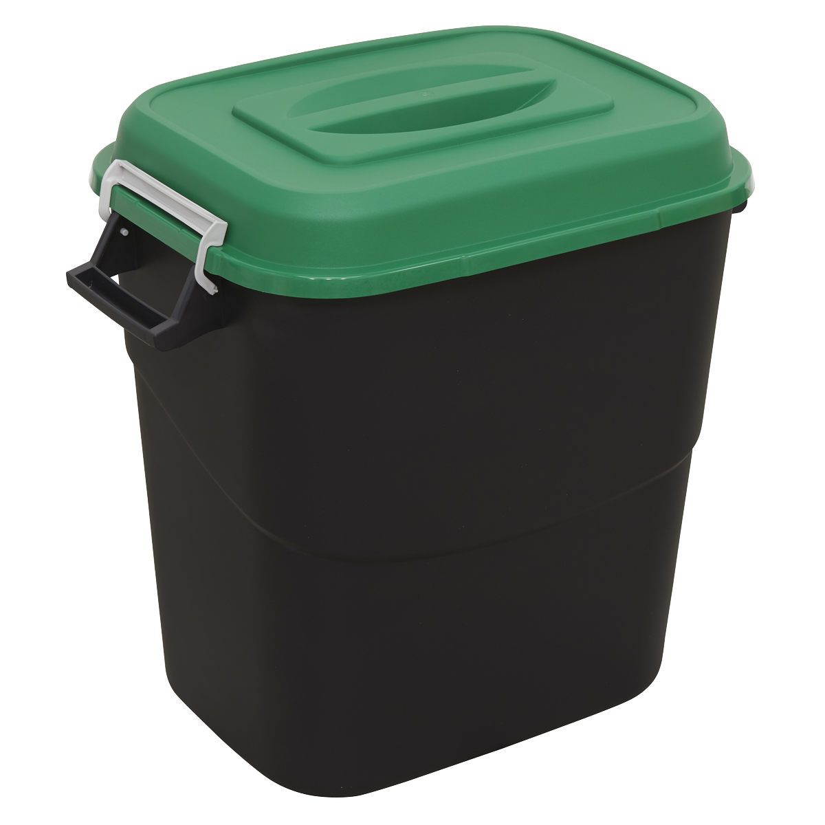 Sealey Refuse/Storage Bin 75L - Green (BM75G) featuring a black polypropylene body, a green lid, and a black handle.