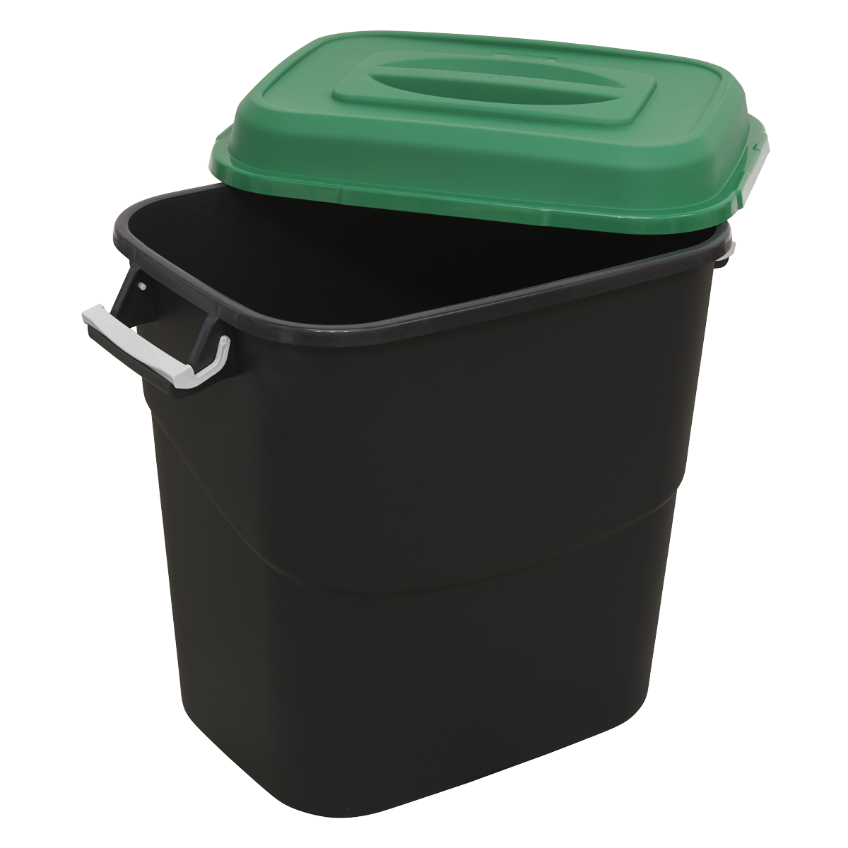 The Sealey Refuse/Storage Bin 75L - Green - BM75G is a black polypropylene bin featuring a partially open green lid and a white handle on one side, with a capacity of 75 liters.