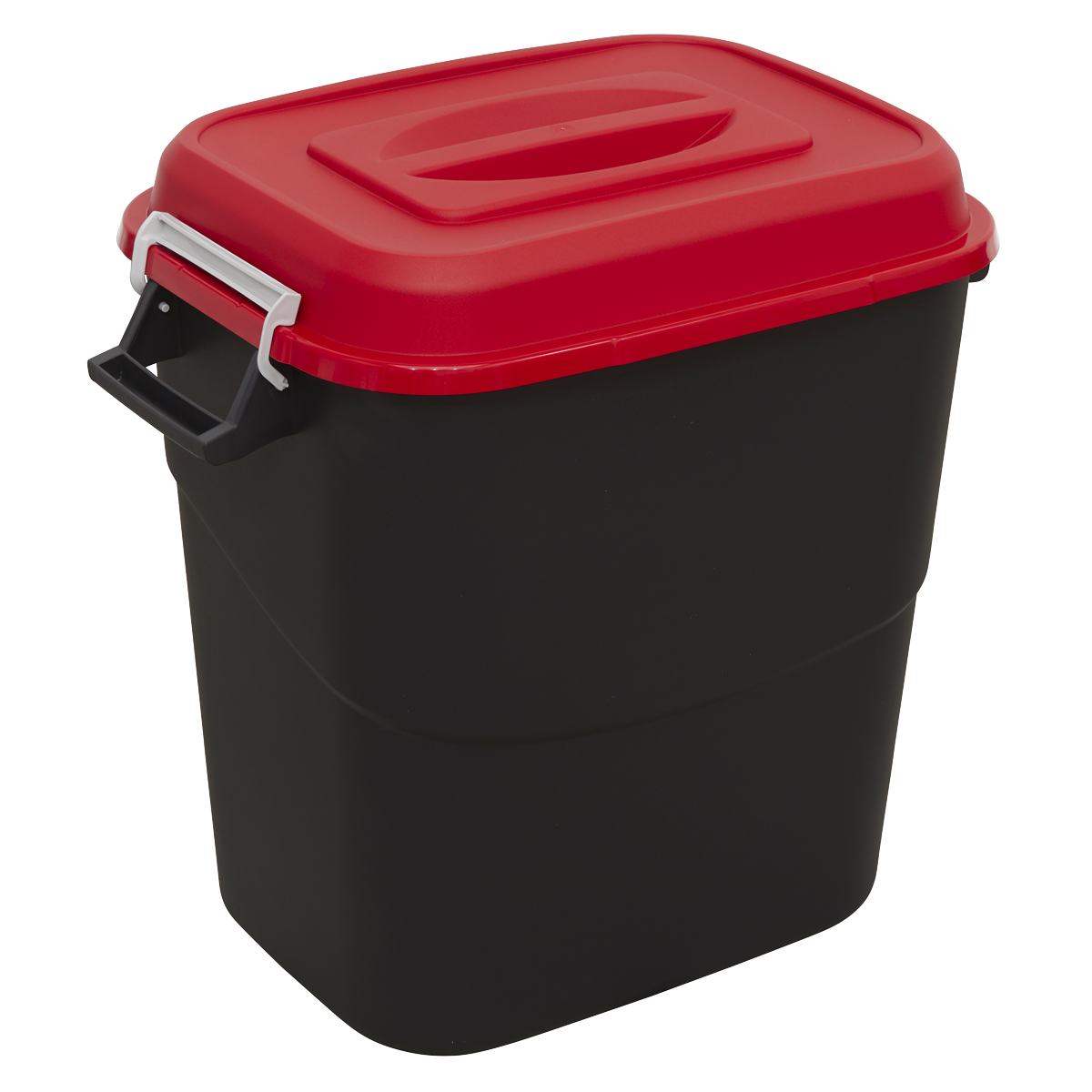 Introducing the Sealey Refuse/Storage Bin 75L - Red - BM75R, a black rectangular plastic container featuring a red lid and a convenient carrying handle on one side, making it perfect for use as a durable 75-litre refuse bin.