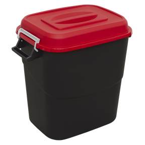 Introducing the Sealey Refuse/Storage Bin 75L - Red - BM75R, a black rectangular plastic container featuring a red lid and a convenient carrying handle on one side, making it perfect for use as a durable 75-litre refuse bin.