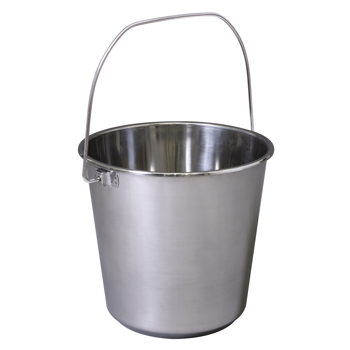 Displayed against a white background is the Mop Bucket 12L - Stainless Steel - BM8L by Sealey, featuring a shiny stainless steel finish and a handle, with a capacity of 12 liters.