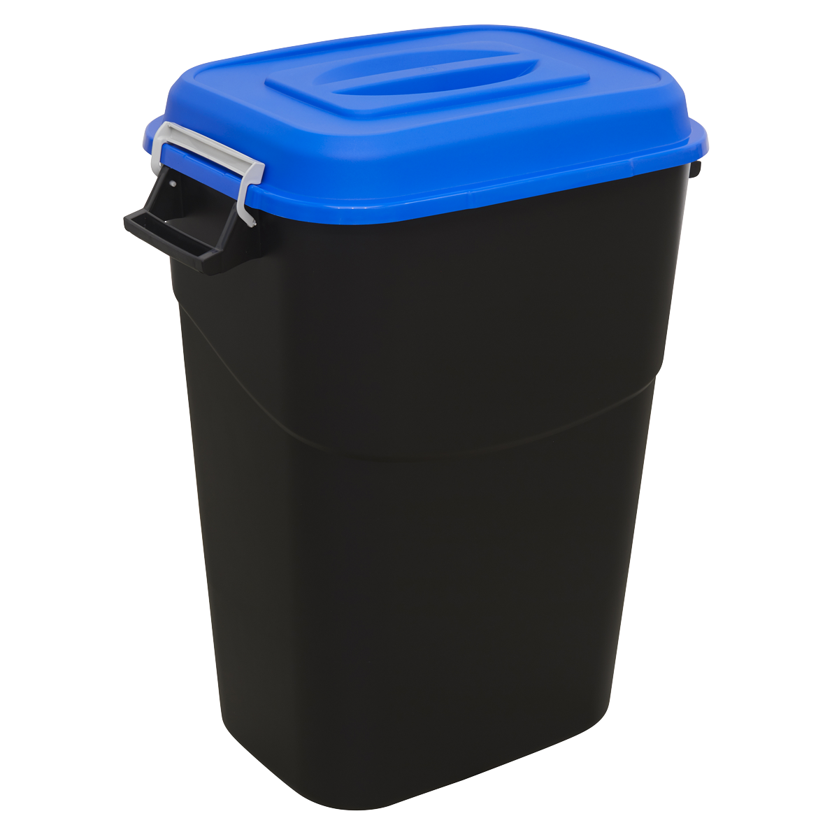 The Sealey Refuse/Storage Bin 95L - Blue (BM95B) is a black polypropylene bin with a blue lid and a handle on one side.