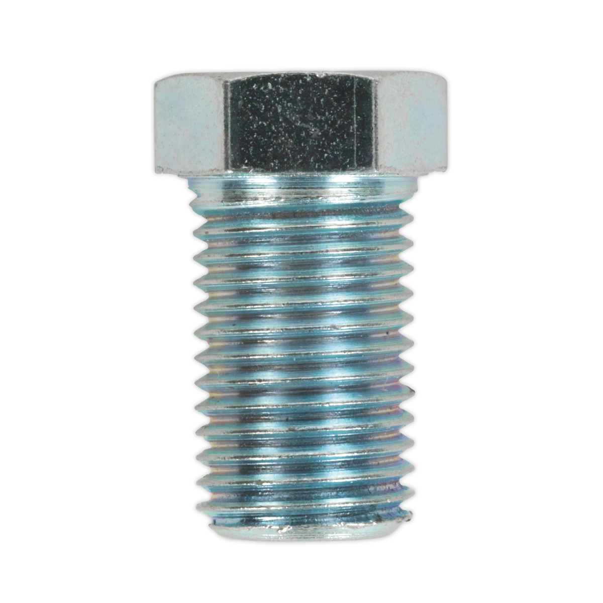 The Sealey Brake Pipe Nut 3/8"UNF x 24tpi Long Male, available in a pack of 25 (BN3824LM), is a metal hex bolt with a threaded shaft and hexagonal head, commonly used as a brake pipe fitting for a 3/16" pipe.