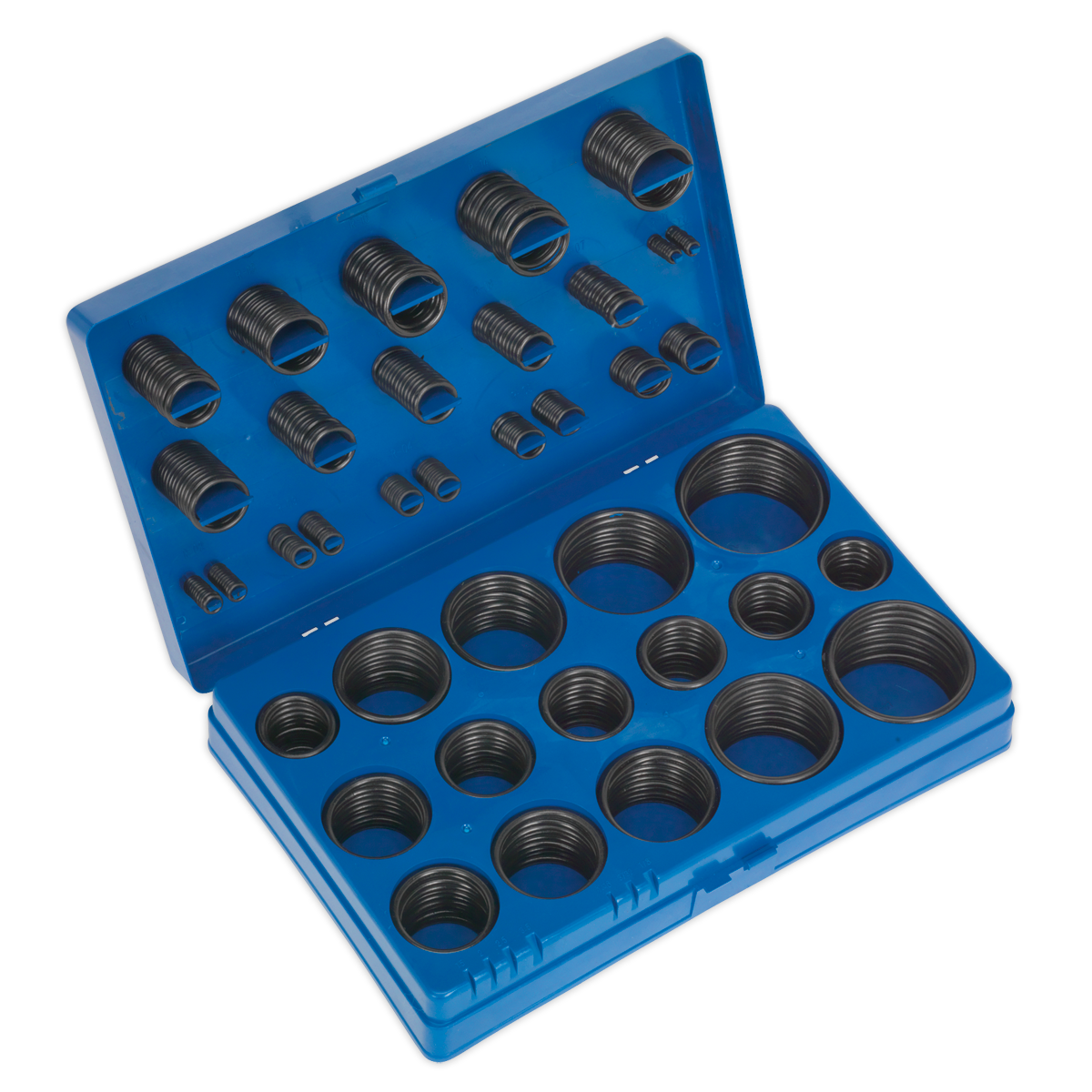 The Sealey Rubber O-Ring Assortment 407pc - Imperial - BOR407 is a perfect addition to any workshop, featuring a blue plastic organizer box that contains various sizes of black Buna-N O-rings in individual compartments, with the lid open.