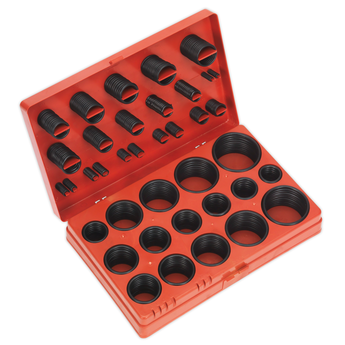 Introducing the Sealey Rubber O-Ring Assortment 419pc - Metric - BOR419, a red plastic organizer case featuring various sizes of Buna-N black rubber O-rings, neatly arranged in compartments. Ideal for plumbing projects and workshops.