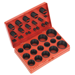 Introducing the Sealey Rubber O-Ring Assortment 419pc - Metric - BOR419, a red plastic organizer case featuring various sizes of Buna-N black rubber O-rings, neatly arranged in compartments. Ideal for plumbing projects and workshops.
