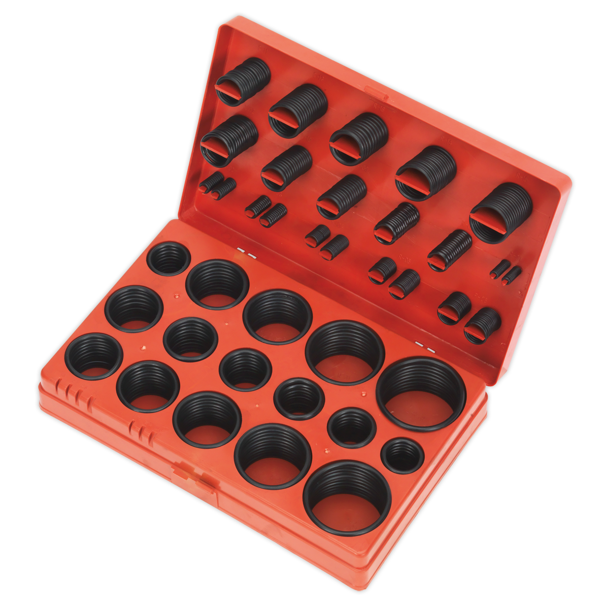 The Sealey Rubber O-Ring Assortment 419pc - Metric - BOR419 is a red plastic case containing an assortment of black Buna-N O-rings in various sizes, neatly arranged in designated compartments, making it ideal for plumbing and workshops.