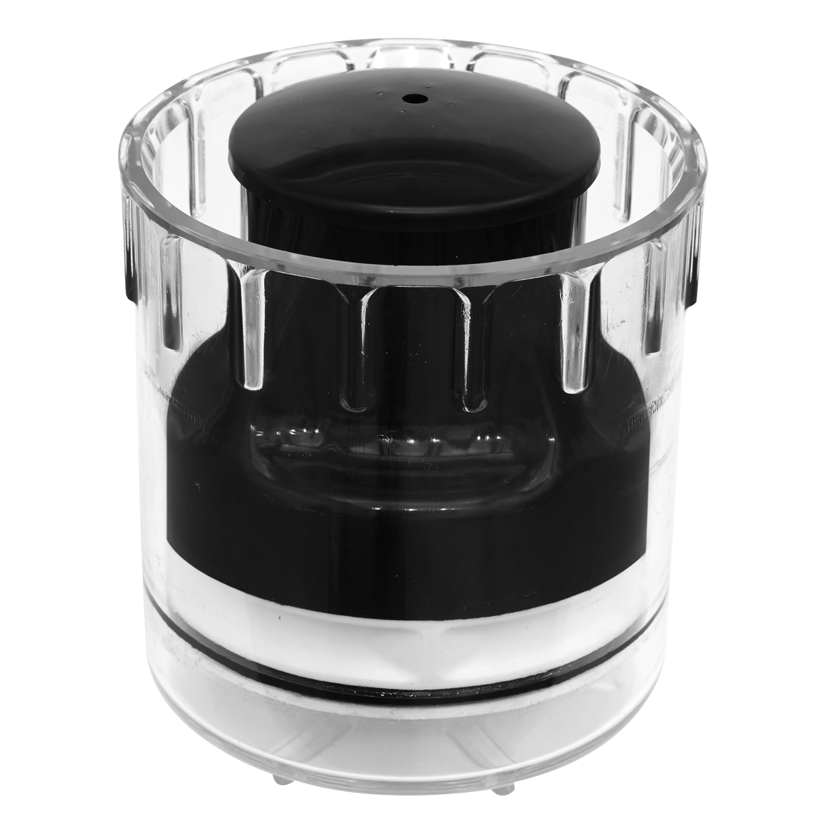 A transparent cylindrical container with a black internal component, possibly a kitchen appliance part or accessory, boasting an impact-resistant cup.