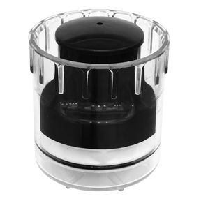 A transparent cylindrical container with a black internal component, possibly a kitchen appliance part or accessory, boasting an impact-resistant cup.