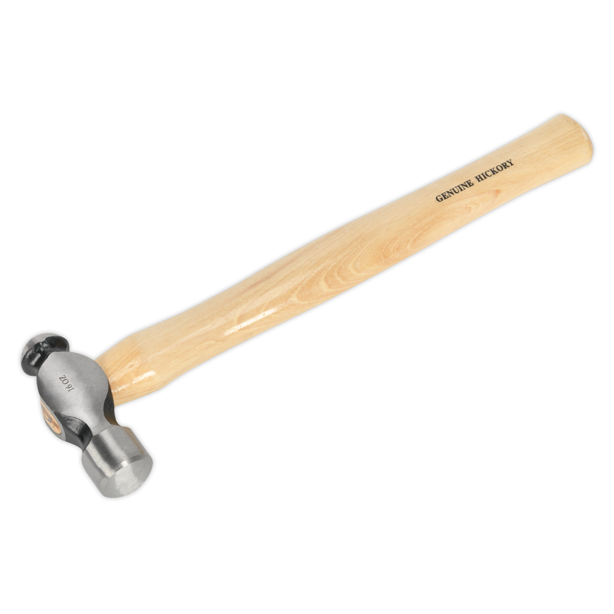 Introducing the Ball Pein Hammer 1lb Hickory Shaft - BPH16 from Sealey, featuring a straight-grained hickory shaft and a drop-forged steel head, labeled "Genuine Hickory.