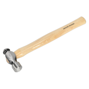 Introducing the Ball Pein Hammer 1lb Hickory Shaft - BPH16 from Sealey, featuring a straight-grained hickory shaft and a drop-forged steel head, labeled "Genuine Hickory.