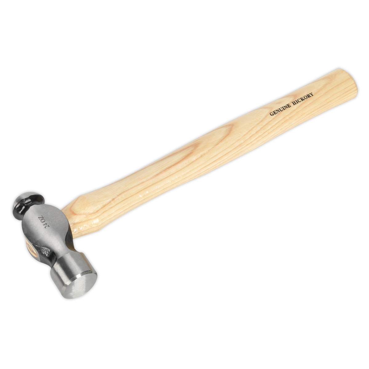 A premier hand tool, the Sealey Ball Pein Hammer 1.5lb Hickory Shaft - BPH24 features a hickory shaft labeled "Genuine Hickory" and a metal head made with drop-forged steel for strength and durability.