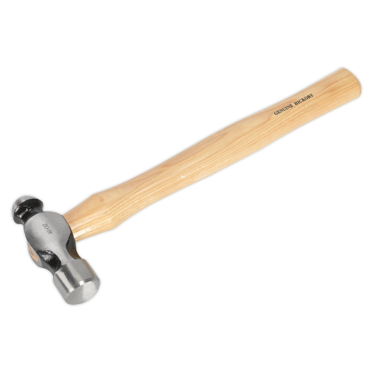 The Sealey Ball Pein Hammer 2.5lb Hickory Shaft - BPH40 features a polished metal head made of drop-forged steel and a handle labeled "Genuine Hickory." It belongs to the Premier Hand Tools collection and comes with a lifetime guarantee.