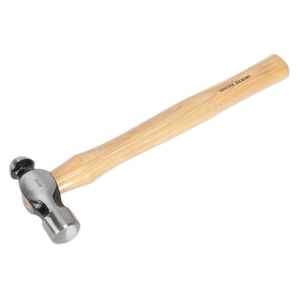 The Sealey Ball Pein Hammer 2.5lb Hickory Shaft - BPH40 features a polished metal head made of drop-forged steel and a handle labeled "Genuine Hickory." It belongs to the Premier Hand Tools collection and comes with a lifetime guarantee.