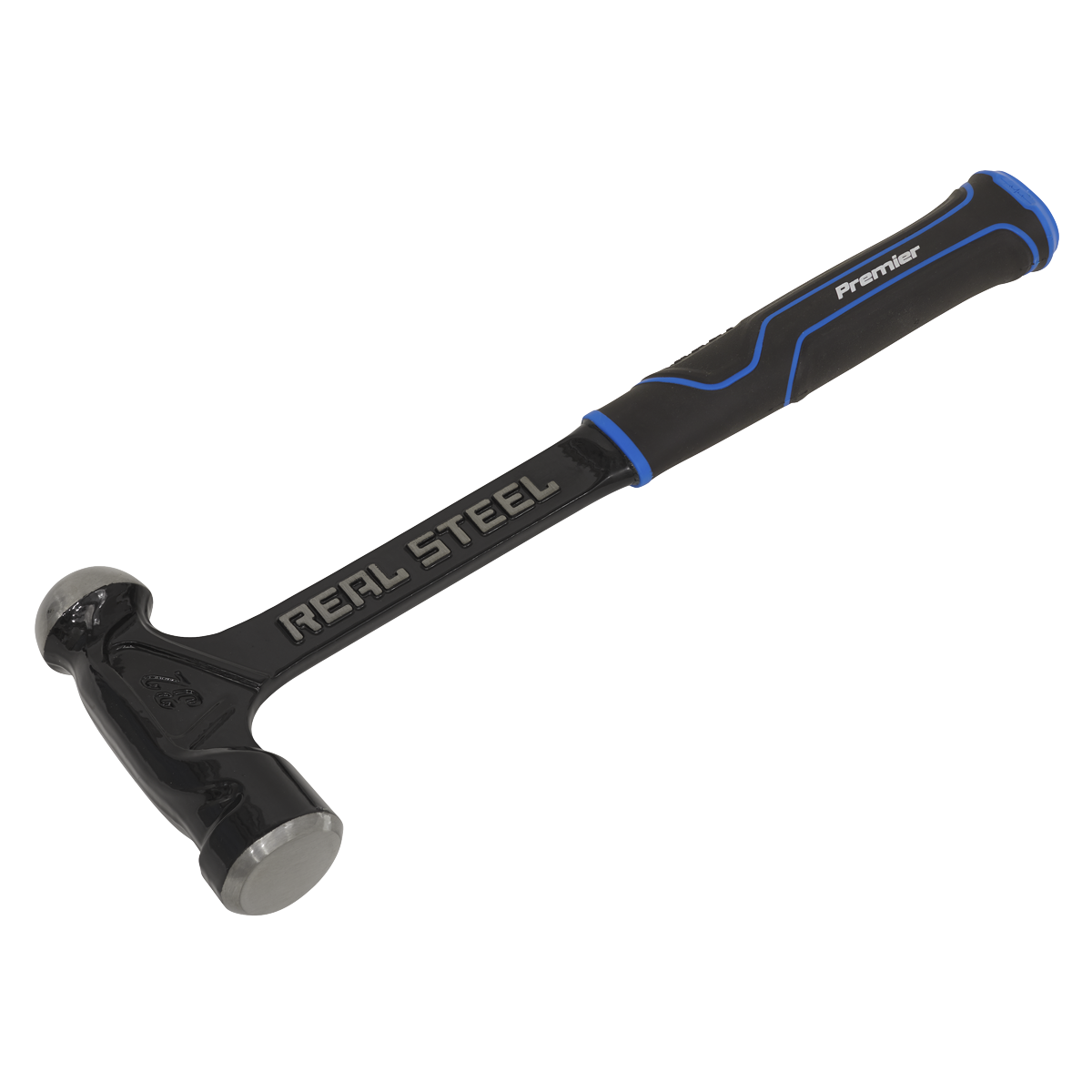 A Ball Pein Hammer 32oz One-Piece (Model BPHX32) by Sealey in black and blue, featuring a dual-faced head, shock reducing grip, and cushioned handle, labeled "Premier Hand Tools.