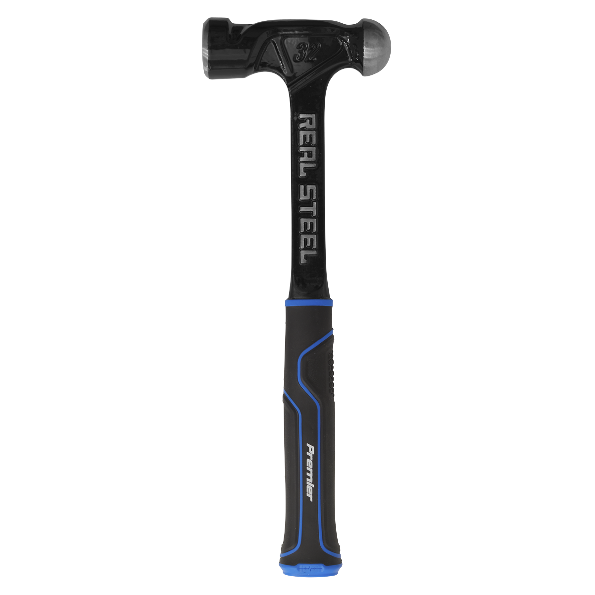 A black and blue Sealey Ball Pein Hammer 32oz One-Piece - BPHX32 with "REAL STEEL" on the handle and "Premier" on the shock-reducing grip. Part of Premier Hand Tools, this hammer features a rounded dual-head design.