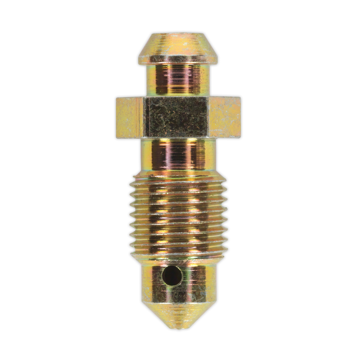 The Sealey Brake Bleed Screw M10 x 30mm with a 1mm pitch, part of a pack of 10 labeled BS10130, is a threaded metallic fitting featuring a hexagonal segment in the middle and tapered ends, suitable for use on Ø3/16" pipe sizes at lubrication points.