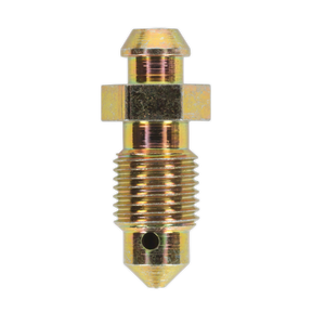The Sealey Brake Bleed Screw M10 x 30mm with a 1mm pitch, part of a pack of 10 labeled BS10130, is a threaded metallic fitting featuring a hexagonal segment in the middle and tapered ends, suitable for use on Ø3/16" pipe sizes at lubrication points.