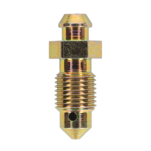 The Sealey Brake Bleed Screw M10 x 30mm with a 1mm pitch, part of a pack of 10 labeled BS10130, is a threaded metallic fitting featuring a hexagonal segment in the middle and tapered ends, suitable for use on Ø3/16" pipe sizes at lubrication points.