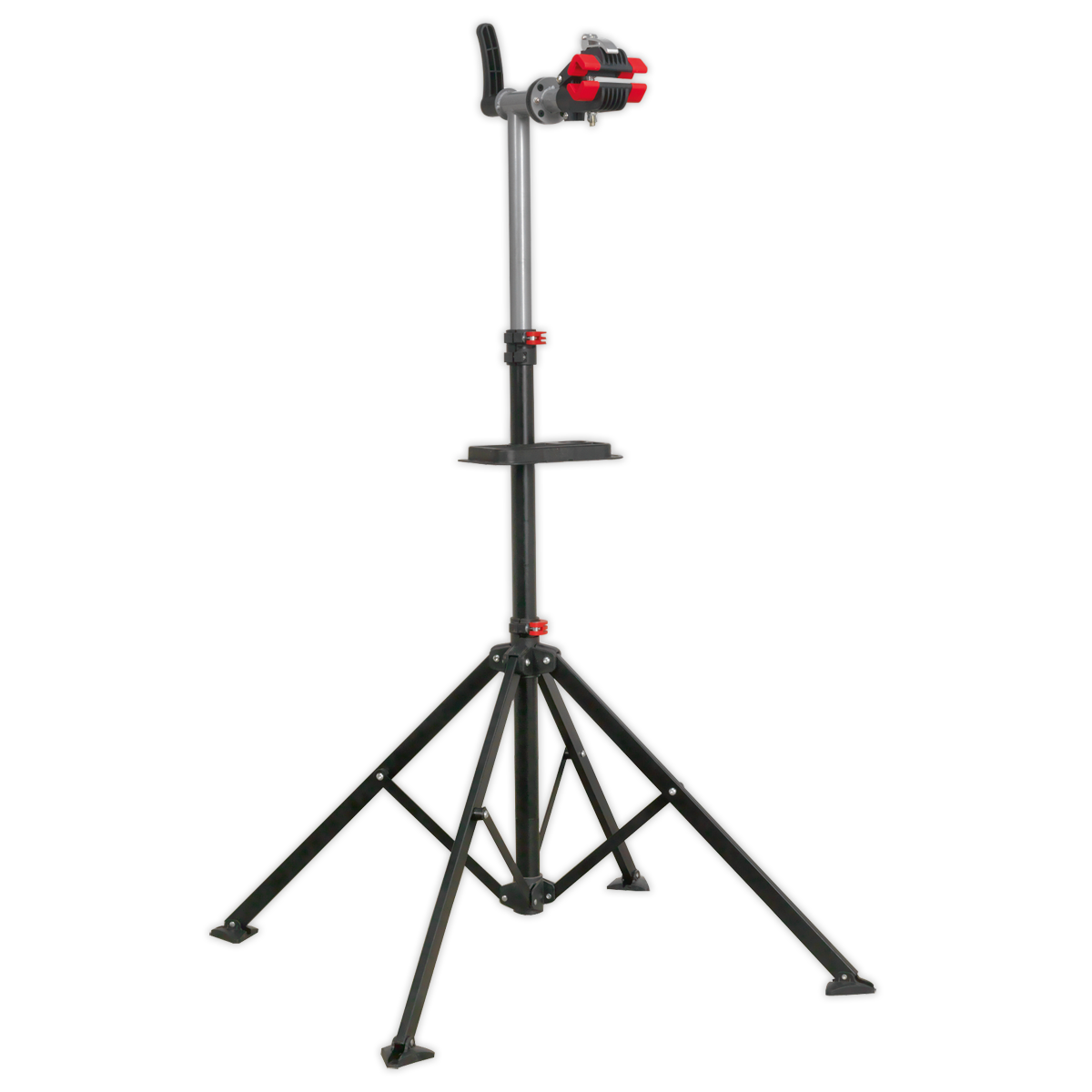 Introducing the Sealey Workshop Bicycle Stand - BS103: a heavy-duty bicycle stand with an adjustable work height. It features a sleek black tripod design and red knobs for securing equipment, along with a rubber-coated frame clamp and a stable base with three extendable legs.