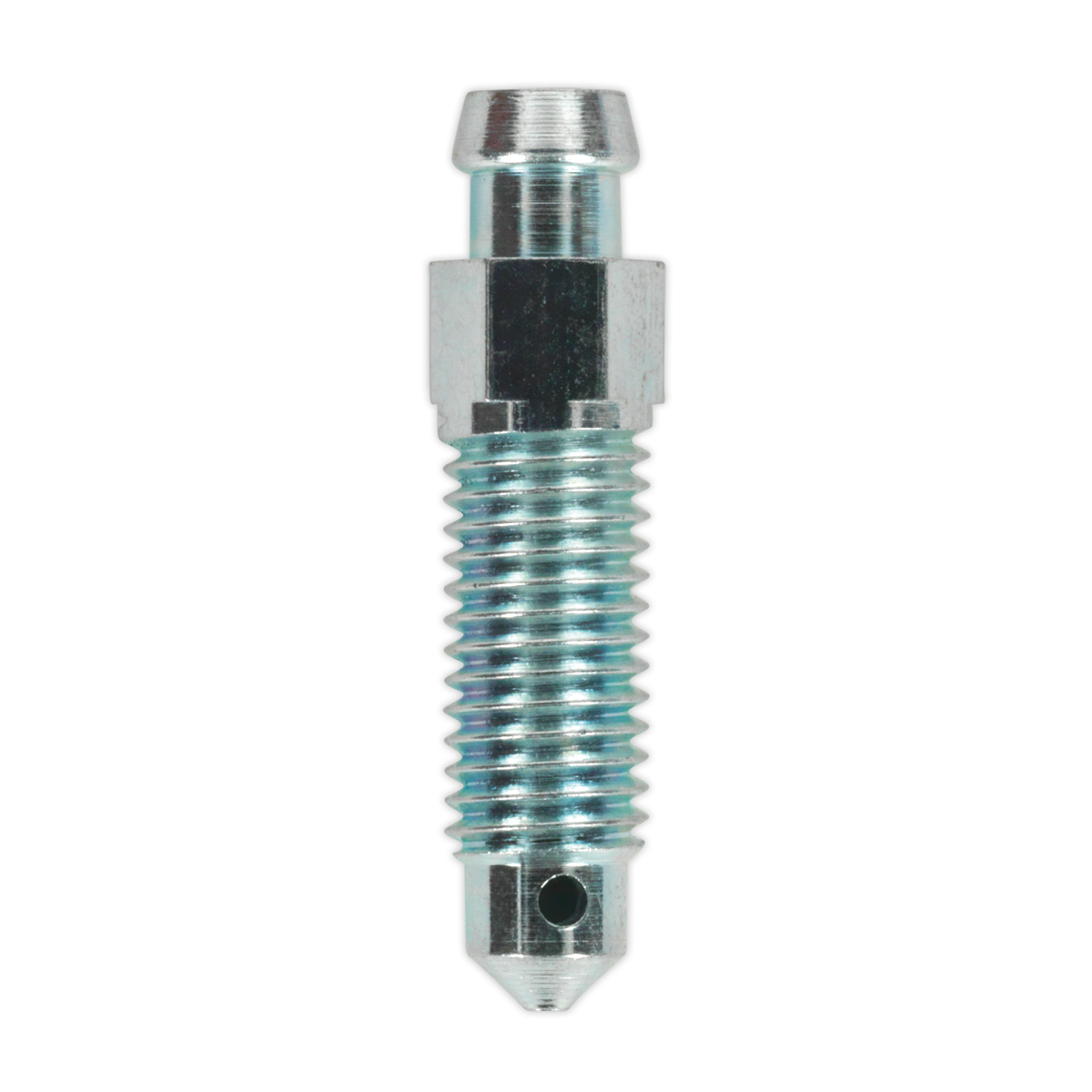 A close-up image of the Sealey Brake Bleed Screw 1/4" UNF x 28mm 28tpi Long (Pack of 10 - BS1428), featuring a threaded metal body with a hexagonal middle section and a tapered end.